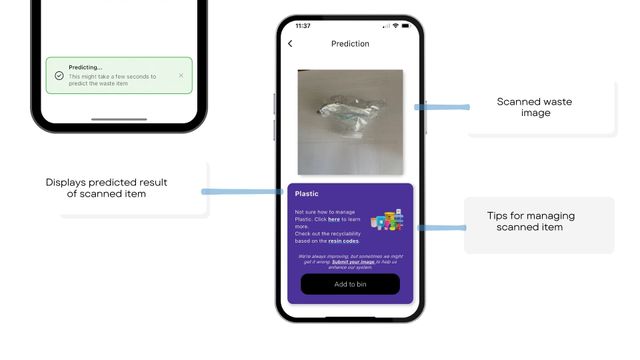 Deep Waste AI prediction screen showing plastic classification